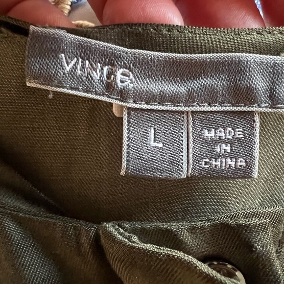 VINCE army green tab sleeve elastic waist silky shirt tunic dress szL officecore - Picture 5 of 10